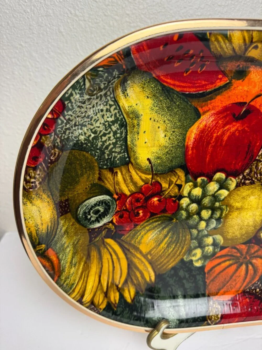 Vintage Mid Century Oval Serving Tray Fruit Still Life Gold Metal Rim Decor